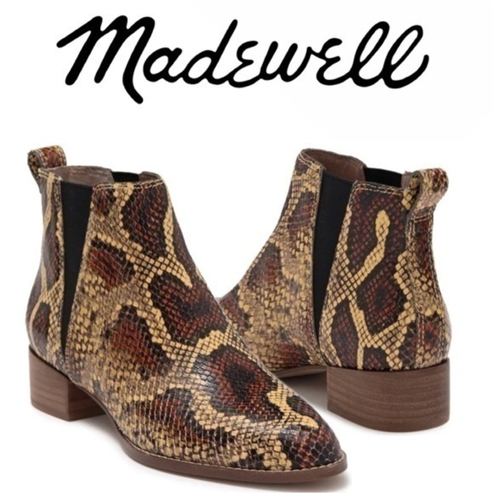 Madewell Cara Tan Brown Snakeskin Embossed Leather Chelsea Boots